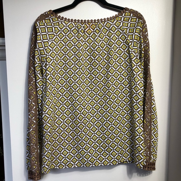 Tory Burch Brown Yellow Diamond Geometric Pattern Embroidered Trim Top Size 6 - Picture 6 of 7